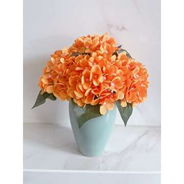 LUSHIDI Silk Hydrangea Heads with Stems Artificial Flowers Heads for Home Wedding Decor,Pack of 10 (Orange)