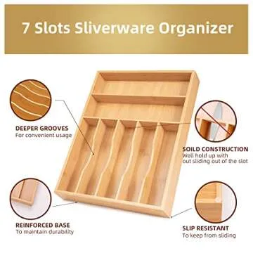 Besilord Silverware Organizer Kitchen Drawer Organizer Utensil Organizer Bamboo Silverware Holder Cutlery Organizer in Drawer Flatware Organizer Tray(7 slots, Natural
