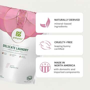 Grab Green Delicate Laundry Detergent Pods, 60 Count, Fragrance Free, Plant and Mineral Based, Superior Cleaning Power, Stain Remover, Brightens Clothes