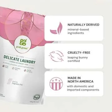 Grab Green Delicate Laundry Detergent Pods, 60 Count, Fragrance Free, Plant and Mineral Based, Superior Cleaning Power, Stain Remover, Brightens Clothes