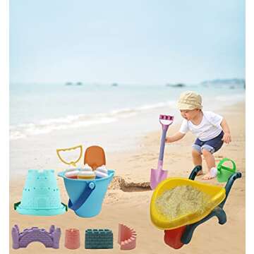 IOKUKI Long Shovels Sand Toys Set with Mesh Bag Including Wheelbarrow, Castle Building Kit Beach Buckets, Shovels, Rakes, Molds, Outdoor Beach Toys Tool Kit for Kids, Toddlers, Boys and Girls (23 PCS)