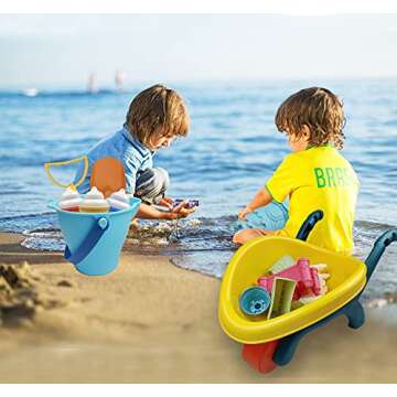 IOKUKI Long Shovels Sand Toys Set with Mesh Bag Including Wheelbarrow, Castle Building Kit Beach Buckets, Shovels, Rakes, Molds, Outdoor Beach Toys Tool Kit for Kids, Toddlers, Boys and Girls (23 PCS)