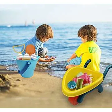 IOKUKI Long Shovels Sand Toys Set with Mesh Bag Including Wheelbarrow, Castle Building Kit Beach Buckets, Shovels, Rakes, Molds, Outdoor Beach Toys Tool Kit for Kids, Toddlers, Boys and Girls (23 PCS)