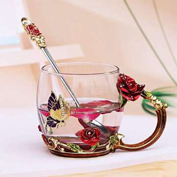 Luka Tech Enamel Butterfly flower Lead-free Glass Coffee Mugs Tea Cup with Steel Spoon, personalised...