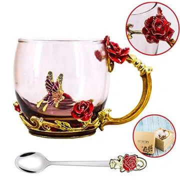 Luka Tech Enamel Butterfly flower Lead-free Glass Coffee Mugs Tea Cup with Steel Spoon, personalised Gifts For Women Wife Mom Girl Teacher Friends Birthday Mothers Valentines Day Wedding (Rose)