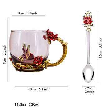 Luka Tech Enamel Butterfly flower Lead-free Glass Coffee Mugs Tea Cup with Steel Spoon, personalised Gifts For Women Wife Mom Girl Teacher Friends Birthday Mothers Valentines Day Wedding (Rose)