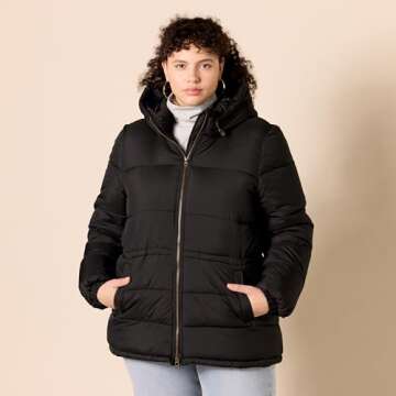 Amazon Essentials Women's Heavyweight Quilted Hooded Puffer Winter Jacket with Adjustable Waist, Black, Large