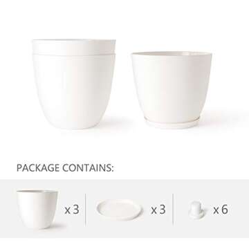 Mkono 7.5 Inch Plastic Planters Indoor Set of 3 Flower Plant Pots Modern Decorative Garden Pot with Drainage and Tray for All House Plants, Flowers, Herbs, Foliage Plant, and Seed Nursery, Cream White