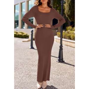 MEROKEETY Women's 2024 Fall Long Sleeve Sweater Dress Square Neck Ribbed Knit Bodycon Long Maxi Dresses, Coffee, X-Large