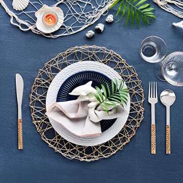 Alpha Living Home Rattan Flatware Stainless Steel Forks, Knives, and Spoons Silverware Set of 5 - Unique Pattern Design Cutlery Set Silverware, Stainless Steel Flatware - Pewter/Tan