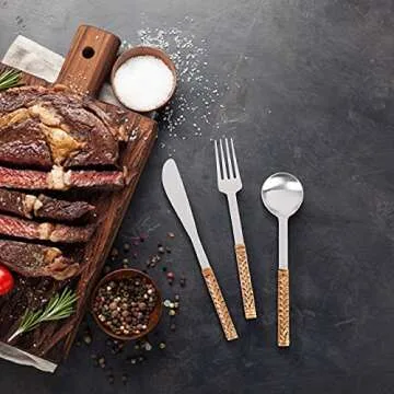 Alpha Living Home Rattan Flatware Stainless Steel Forks, Knives, and Spoons Silverware Set of 5 - Unique Pattern Design Cutlery Set Silverware, Stainless Steel Flatware - Pewter/Tan