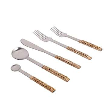 Alpha Living Home Rattan Flatware Stainless Steel Forks, Knives, and Spoons Silverware Set of 5 - Unique Pattern Design Cutlery Set Silverware, Stainless Steel Flatware - Pewter/Tan