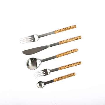 Alpha Living Home Rattan Flatware Stainless Steel Forks, Knives, and Spoons Silverware Set of 5 - Unique Pattern Design Cutlery Set Silverware, Stainless Steel Flatware - Pewter/Tan