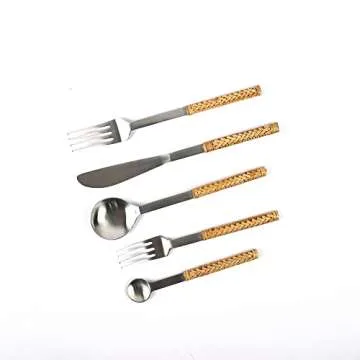 Alpha Living Home Rattan Flatware Stainless Steel Forks, Knives, and Spoons Silverware Set of 5 - Unique Pattern Design Cutlery Set Silverware, Stainless Steel Flatware - Pewter/Tan