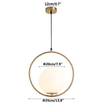 KCO Mid Century Modern Large Globe Pendant Light Fixture 1-Light Brushed Brass Gold Ceiling Hanging Pendant Lighting Minimalist White Glass Round Pendant Light (13.8”-Large)