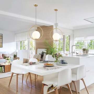 KCO Mid Century Modern Large Globe Pendant Light Fixture 1-Light Brushed Brass Gold Ceiling Hanging Pendant Lighting Minimalist White Glass Round Pendant Light (13.8”-Large)