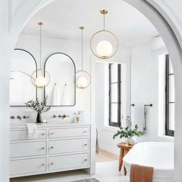 KCO Mid Century Modern Large Globe Pendant Light Fixture 1-Light Brushed Brass Gold Ceiling Hanging Pendant Lighting Minimalist White Glass Round Pendant Light (13.8”-Large)