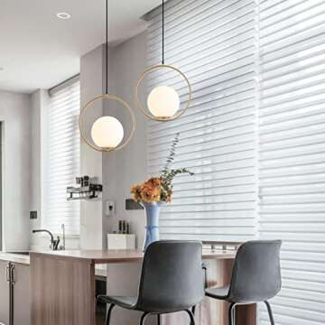 KCO Mid Century Modern Large Globe Pendant Light Fixture 1-Light Brushed Brass Gold Ceiling Hanging Pendant Lighting Minimalist White Glass Round Pendant Light (13.8”-Large)