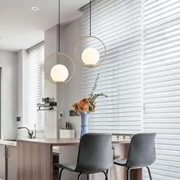 KCO Mid Century Modern Large Globe Pendant Light Fixture 1-Light Brushed Brass Gold Ceiling Hanging Pendant Lighting Minimalist White Glass Round Pendant Light (13.8”-Large)