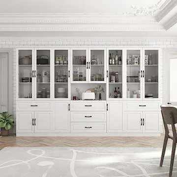 Hitow Tall Bookshelf with Glass Doors & Drawers, 2 Piece Large Storage Cabinet Set, Home Office Bookcase with Doors, Glass Display Cabinet for Living Room, White (126" W x 15.7" D x 78.9" H)