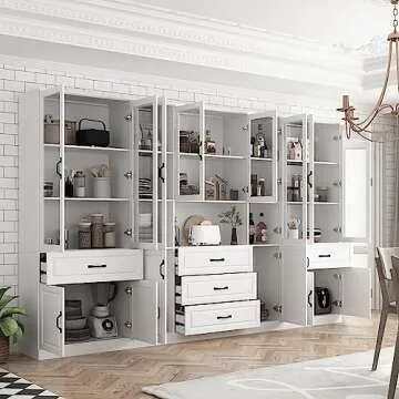 Hitow Tall Bookshelf with Glass Doors & Drawers, 2 Piece Large Storage Cabinet Set, Home Office Bookcase with Doors, Glass Display Cabinet for Living Room, White (126" W x 15.7" D x 78.9" H)