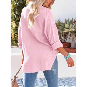 Paintcolors Women's Button Up Shirts Cotton Roll-Up Sleeve Blouses V Neck Casual Tunics Solid Color ...