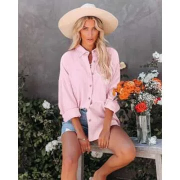 Paintcolors Women's Button Up Shirts Cotton Roll-Up Sleeve Blouses V Neck Casual Tunics Solid Color Tops with Pockets-Pink41 S