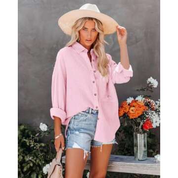 Paintcolors Women's Button Up Shirts Cotton Roll-Up Sleeve Blouses V Neck Casual Tunics Solid Color Tops with Pockets-Pink41 S