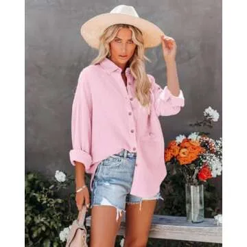 Paintcolors Women's Button Up Shirts Cotton Roll-Up Sleeve Blouses V Neck Casual Tunics Solid Color Tops with Pockets-Pink41 S