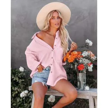 Paintcolors Women's Button Up Shirts Cotton Roll-Up Sleeve Blouses V Neck Casual Tunics Solid Color Tops with Pockets-Pink41 S