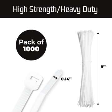 Bolt Dropper 8 Inch 1000 White Zip Cable Ties 40lbs Tensile Strength - Secure Projects with Confidence: Heavy Duty, Self-Lock Nylon Cable Wire Ties for Indoor Outdoor Use