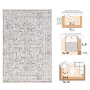 jinchan 8x10 Machine Washable Area Rug for Living Room - Vintage Floral Stain Resistant Low Pile Ult...
