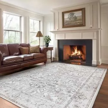 jinchan 8x10 Machine Washable Area Rug for Living Room - Vintage Floral Stain Resistant Low Pile Ultra-Thin Non Slip Accent Rug for Bedroom Kitchen Dining Room Home Office (8x10ft,Taupe)