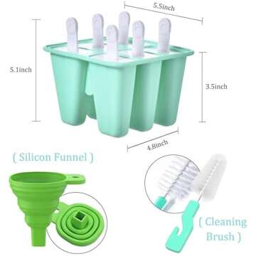 Popsicle Molds 6 Pieces Silicone Ice Pop Molds, BPA Free Popsicle Mold Reusable Easy Release Ice Pop Maker with Silicone Funnel and Cleaning Brush,Green