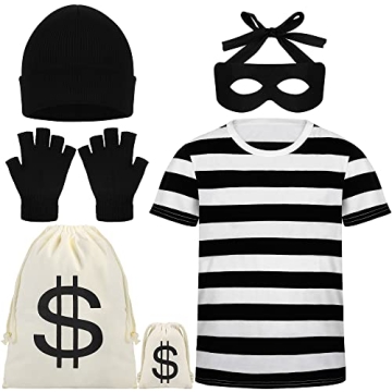 SOMSOC Adult Halloween Robber Costume Set Include Short Sleeves Stripe T-shirt Beanie Cap Dollar Sig...