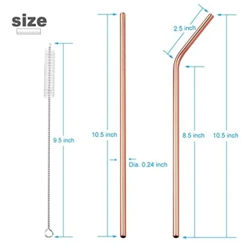 Stainless Steel Metal Straws Rose Gold 10.5'' Reusable Drinking Straws for 30 oz Tumblers Yeti Set of 8 (4 Straight + 4 Bent + 2 Brushes)