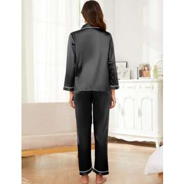 QLVKYW Womens Silk Satin Pajamas Set Two-Piece Long Sleepwear Loungewear Button-Down Pj Sets Black