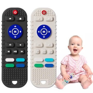 Mgtfbg 2 Pack Soft Silicone Teething Toys for Toddlers, Babies, Boys, Girls, 6-12 Months Baby Remote Control Shape Molar Teether Chew Toys Set Gift（Black+Grey）