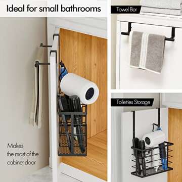 KES Hair Dryer Holder with Towel Bar - Over Cabinet Door & Under Sink Storage - Curling Iron Organiz...