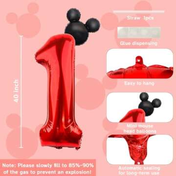 LEBERY 40 Inch Mouse Number 1 Balloon Black Red 1 Balloons for 1st Birthday, Mini Mouse Head Balloon Red Giant Number One Balloon for Mouse Clubhouse Baby Shower Anniversary Supplies Decorations