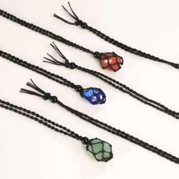 Anjiucc 6 Pieces Necklace Cord Empty Stone Holder Empty Necklace Holder Quartz Crystal Stone Necklace Cord, Adjustable Cord Cage Fish Netted Necklace（6 pcs Black）