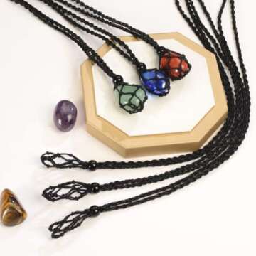 Anjiucc 6 Pieces Necklace Cord Empty Stone Holder Empty Necklace Holder Quartz Crystal Stone Necklace Cord, Adjustable Cord Cage Fish Netted Necklace（6 pcs Black）