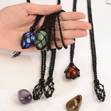 Anjiucc 6 Pieces Necklace Cord Empty Stone Holder Empty Necklace Holder Quartz Crystal Stone Necklace Cord, Adjustable Cord Cage Fish Netted Necklace（6 pcs Black）