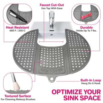 Sink Topper Foldable Sink Cover | Silicone Beauty Makeup Brush Cleaning Mat | Hot Tools Organizer | Bathroom Cover for Counter Space & Storage Saver | Traveling Must Haves for RV | Standard, Silver