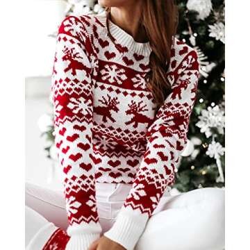 ZAFUL Women's Christmas Snowflake Reindeer Knitted Sweater Long Sleeve Crew Neck Heart Animal Print Pullover Knitwear