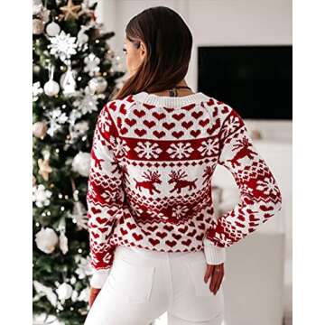 ZAFUL Women's Christmas Snowflake Reindeer Knitted Sweater Long Sleeve Crew Neck Heart Animal Print Pullover Knitwear