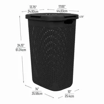 Mind Reader 60L Slim Laundry Hamper, Clothes Basket, Lid, Wicker Design, Plastic, 17.65"L x 13.75"W x 24.15"H, Black