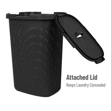 Mind Reader 60L Slim Laundry Hamper, Clothes Basket, Lid, Wicker Design, Plastic, 17.65"L x 13.75"W x 24.15"H, Black