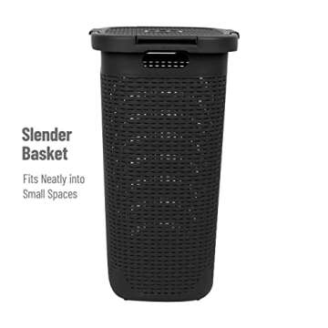 Mind Reader 60L Slim Laundry Hamper, Clothes Basket, Lid, Wicker Design, Plastic, 17.65"L x 13.75"W x 24.15"H, Black