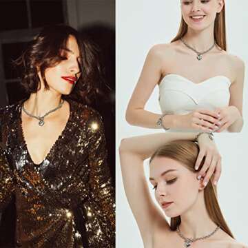 Heart Pendant Necklace and Bracelet Toggle Chain Stainless Steel Silver Drop White Jewelry Set For women (White)